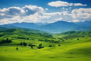 ai generato bellissimo paesaggio con verde prati e blu cielo con nuvole. foto