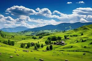 ai generato bellissimo paesaggio con verde prati e blu cielo con nuvole. foto