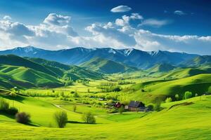 ai generato bellissimo paesaggio con verde prati e blu cielo con nuvole. foto