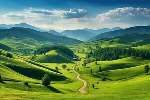 ai generato bellissimo paesaggio con verde prati e blu cielo con nuvole. foto