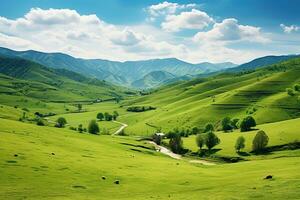 ai generato bellissimo paesaggio con verde prati e blu cielo con nuvole. foto