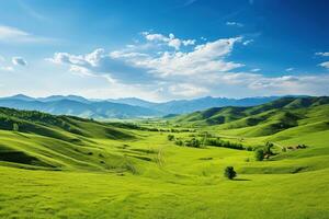 ai generato bellissimo paesaggio con verde prati e blu cielo con nuvole. foto