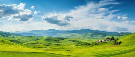 ai generato bellissimo paesaggio con verde prati e blu cielo con nuvole. foto