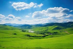 ai generato bellissimo paesaggio con verde prati e blu cielo con nuvole. foto