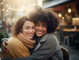 ai generato Due interrazziale amici abbracciare ogni altro in posa sorridente a il telecamera nel un' bar foto