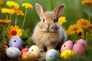 ai generato Pasqua coniglietto e colorato uova su verde erba con fiori sfondo. foto