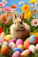 ai generato Pasqua coniglietto e colorato uova su verde erba con fiori sfondo. foto