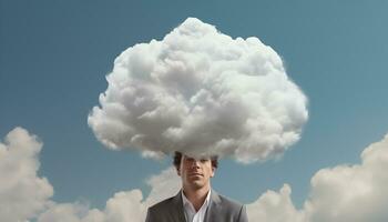 ai generato uomo d'affari con nuvole sopra il suo testa foto