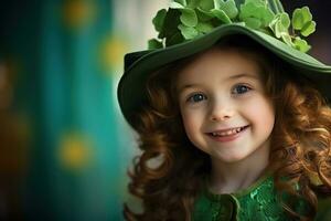 ai generato ritratto di un' bellissimo poco ragazza nel un' verde cappello.st. Patrick giorno concetto foto