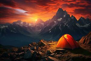 ai generato tenda nel il montagne a tramonto. bellissimo estate paesaggio con un' tenda. foto