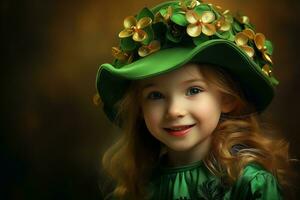 ai generato ritratto di un' bellissimo poco ragazza nel un' verde cappello.st. Patrick giorno concetto foto