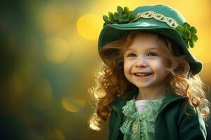 ai generato ritratto di un' bellissimo poco ragazza nel un' verde cappello.st. Patrick giorno concetto foto