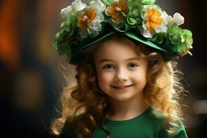 ai generato ritratto di un' bellissimo poco ragazza nel un' verde cappello.st. Patrick giorno concetto foto