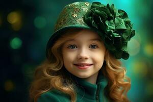 ai generato ritratto di un' bellissimo poco ragazza nel un' verde cappello.st. Patrick giorno concetto foto