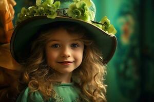 ai generato ritratto di un' bellissimo poco ragazza nel un' verde cappello.st. Patrick giorno concetto foto