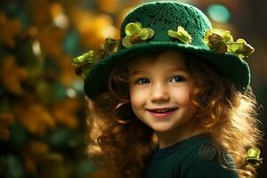 ai generato ritratto di un' bellissimo poco ragazza nel un' verde cappello.st. Patrick giorno concetto foto