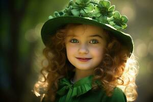 ai generato ritratto di un' bellissimo poco ragazza nel un' verde cappello.st. Patrick giorno concetto foto