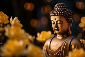 ai generato avvicinamento di Budda statua nel buddista tempio foto