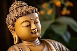 ai generato avvicinamento di Budda statua nel buddista tempio foto