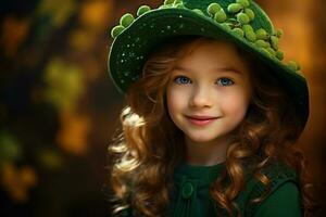 ai generato ritratto di un' bellissimo poco ragazza nel un' verde cappello.st. Patrick giorno concetto foto