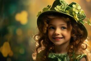 ai generato ritratto di un' bellissimo poco ragazza nel un' verde cappello.st. Patrick giorno concetto foto