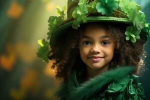 ai generato ritratto di un' bellissimo poco ragazza nel un' verde cappello.st. Patrick giorno concetto foto