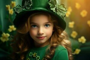 ai generato ritratto di un' bellissimo poco ragazza nel un' verde cappello.st. Patrick giorno concetto foto