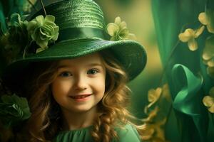 ai generato ritratto di un' bellissimo poco ragazza nel un' verde cappello.st. Patrick giorno concetto foto