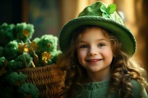 ai generato ritratto di un' bellissimo poco ragazza nel un' verde cappello.st. Patrick giorno concetto foto