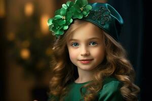 ai generato ritratto di un' bellissimo poco ragazza nel un' verde cappello.st. Patrick giorno concetto foto