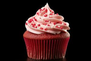 ai generato San Valentino Cupcake con a forma di cuore spruzzatori su rosso sfondo foto