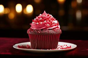 ai generato San Valentino Cupcake con a forma di cuore spruzzatori su rosso sfondo foto