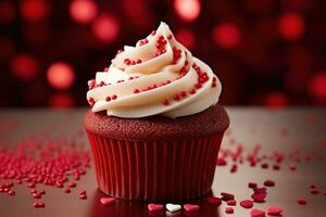 ai generato San Valentino Cupcake con a forma di cuore spruzzatori su rosso sfondo foto