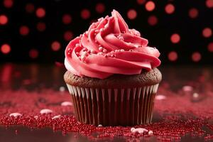 ai generato San Valentino Cupcake con a forma di cuore spruzzatori su rosso sfondo foto