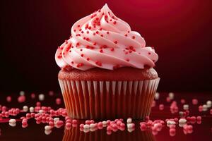 ai generato San Valentino Cupcake con a forma di cuore spruzzatori su rosso sfondo foto