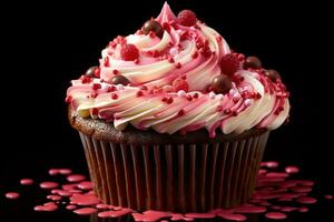 ai generato San Valentino Cupcake con a forma di cuore spruzzatori su rosso sfondo foto