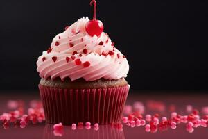 ai generato San Valentino Cupcake con a forma di cuore spruzzatori su rosso sfondo foto