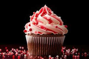 ai generato San Valentino Cupcake con a forma di cuore spruzzatori su rosso sfondo foto