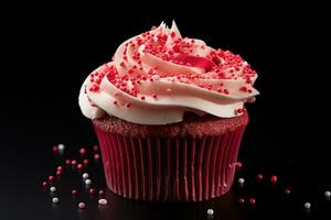 ai generato San Valentino Cupcake con a forma di cuore spruzzatori su rosso sfondo foto