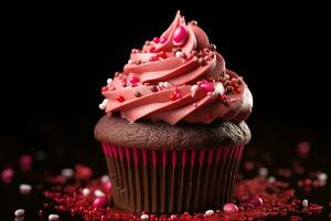 ai generato San Valentino Cupcake con a forma di cuore spruzzatori su rosso sfondo foto