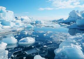 ai generato ghiaccio blocchi, iceberg, su il superficie di il oceano o lago, nel polare regioni. foto