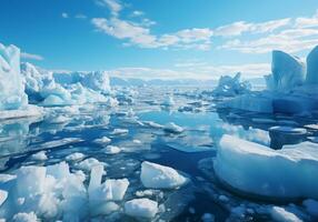 ai generato ghiaccio blocchi, iceberg, su il superficie di il oceano o lago, nel polare regioni. foto