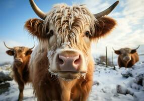 ai generato Scozzese mucca nel inverno paesaggio con caduta neve. foto