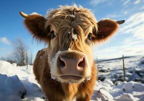 ai generato Scozzese mucca nel inverno paesaggio con caduta neve. foto