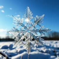 ai generato fiocco di neve atterraggio su il ghiacciato terra. Natale tempo foto