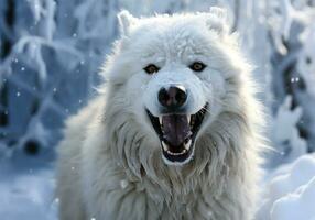 ai generato feroce e arrabbiato artico bianca lupo nel inverno paesaggio con caduta neve foto