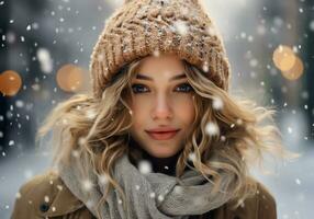 ai generato giovane donna vestito calorosamente nel un' di lana cappello e sciarpa su il strada con caduta neve. inverno volta. foto