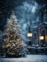 ai generato Natale albero su il strada con caduta neve. inverno volta. foto