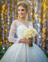 ai generato portrit di bellissimo sposa nel bianca nozze vestito con bridal mazzo foto