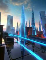 ai generato futuristico città con alto grattacieli e neon luci foto